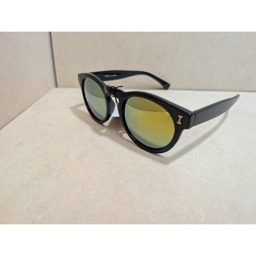 Black Round Sunglasses Gold Mirror Lens Reflective Shades 89024 (1)